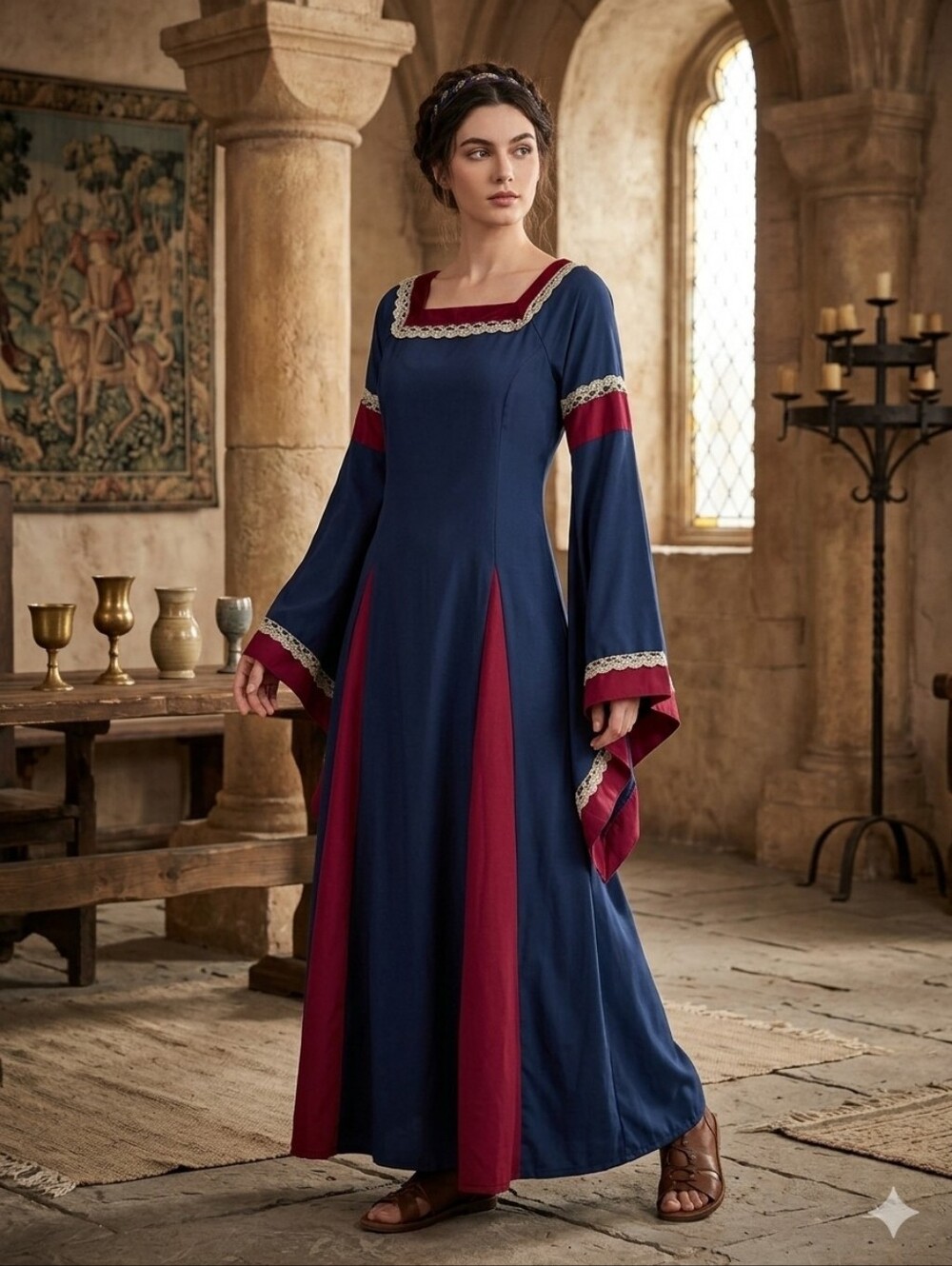 Medieval Renaissance Faire Gown Dress Blue Red Lace Size Adjustable Cosplay
